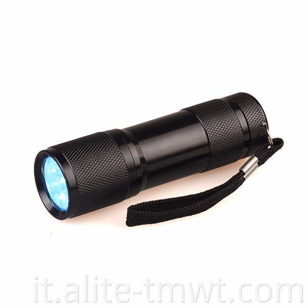 Flashlight UV a 9 LED all'ingrosso 365nm 385nm 395nm lunghezza d'onda in lega di alluminio mini topicarl cla.